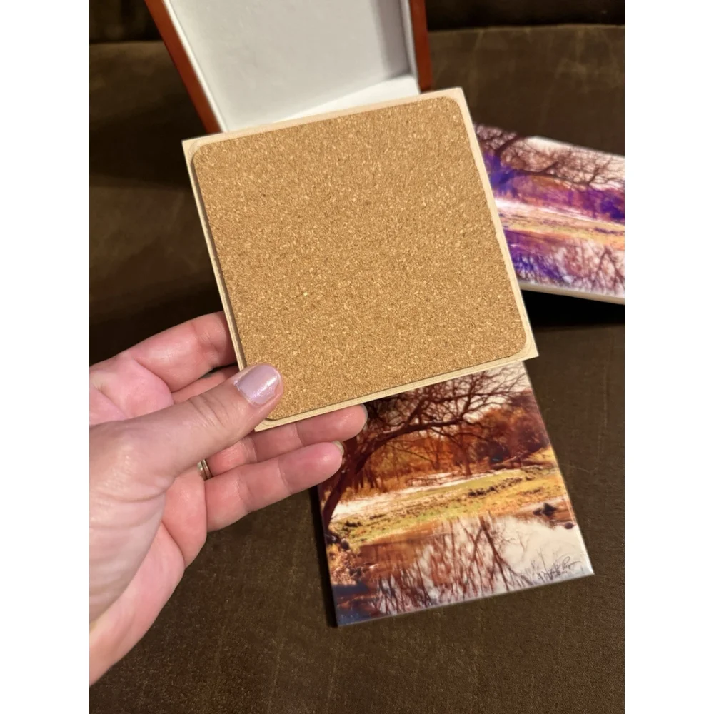 Nature Scenic Themed Wooden Lacquered Coaster Box Matching Set Of 4 Coasters